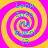 Four identical pixelated spiral icons with cyan text reading "Look Into My Eyes!" and a small 'G' below, set against bright pink and yellow concentric spirals on a solid background.