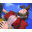 Animated sequence of a character with blue hair and red clothing performing a spinning motion against a blue background.