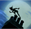 Animated silhouette of a character running on a rooftop against a moonlit sky with blue clouds, transitioning from solid black to semi-transparent white.