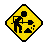 Yellow diamond-shaped warning signs with black silhouettes of workers using shovels and buckets, showing sequential motion frames.