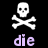 Static pixel art icon featuring a white skull and crossbones symbol above purple text reading "die" on a black background.