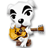 A cartoon dog with black and white fur plays a brown guitar, surrounded by text reading 'Hey Man Want me to jam for you? Cool.'