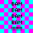 Pixelated text and symbols on a cyan-pink checkered background with animated purple lines