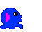 Blue pixelated character with pink ear-like shape and black eye, shown in four sequential poses against gray background.