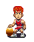 Pixel art character with red spiky hair in a red basketball uniform holding an orange-brown ball, shown across four poses on gray background.