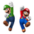 Two pixelated characters in blue overalls and brown shoes, one with green hair and the other red, both holding white objects above their heads.