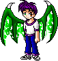 Pixel art character with purple hair and green wings in four poses showing eye expressions changing from open to closed.