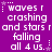Purple background with white pixelated text repeating 'waves r crashing and stars r falling all 4 us.' surrounded by small star symbols.
