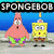 Pixelated cartoon characters Spongebob and Patrick stand on a sandy ocean floor with blue water background, text changes from 'SPONGEBOB' to 'AND' to 'PATRICK!' across frames.