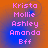 Pixelated text list of names in pink on orange-blue gradient background with subtle circular patterns.