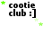 Pixelated text 'cootie club :]' with green star accents on white background, showing animation of stars moving across the image.
