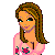 Pixel art icon of a woman with long brown hair and green eyes in pink floral attire, alongside stylized pink letters C U T i E and a heart symbol.