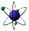 Atomic model with blue nucleus and green electrons orbiting on black elliptical paths against gray background