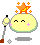 Pixel art character with yellow face, closed eyes, pink cheek marks, orange star on head, and staff with glowing orb.