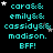 Pixelated cyan text on black background with white stars, displaying names and 'BFF!' in a