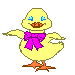 Pixelated yellow duck with blue eyes, brown beak, orange feet, and purple bow, shown in two side-by-side poses with arms extended.