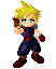 Pixel art character with spiky blonde hair and green eyes, wearing dark blue outfit and brown boots, holding a large black sword across multiple animation frames.