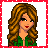 Pixel art buddy icon featuring a woman with long brown hair and green top on left, red starburst background with "Angelina" text on right, framed by red border with white dots.