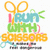 A pixelated image with four distinct sections: top-left shows scissors and text about running with scissors, top-right has an arrow pointing up with 'I trip up the stairs', bottom-left displays 'pssh mummy!' in pink and green, bottom-right repeats the scissors text from top-left.