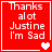 Red square icon with white text 'Thanks alot Justine I'm Sad' and heart symbols changing from one to two then three across frames.