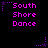Pixelated text "South Shore Dance" in bright pink on black background with purple star and dotted line accents.