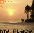 Pixelated beach sunset scene with palm trees, a bench, and 'my place' text at the bottom; orange corner elements shift position between frames.
