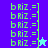 Pixelated green text 'bRiZ.=' repeated in vertical on blue and cyan backgrounds with a small star icon