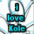 Pixelated icon with cyan text 'i love Kole' on black rectangular backgrounds, set against a white backdrop with blue-gray abstract lines.
