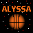 Pixelated orange text "ALYSSA" above a basketball graphic on black background with scattered red and white dots.