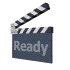 Clapperboard icon with 'Ready' text in first , 'Action' text in second and third ; black-and-white striped top section, dark blue body