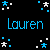 Pixelated blue text 'Lauren' appears twice on a black background, surrounded by scattered white and light-blue star-shaped pixels.