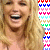 A woman with long blonde hair smiling broadly, wearing a light-colored top against a colorful patterned background.
