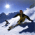 Pixelated static image of a skier in mid-air against snowy mountains and blue sky with sun.