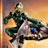 Pixelated static image of a character in dynamic pose against gradient background with visible dithering and color blending.