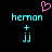 Pixelated cyan text 'herman' above '+' and 'jj' with a pink heart symbol above the left 'herman' on black background.