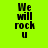 Black pixelated text "We will rock u" on a bright green background with four distinct circular gradient overlays in yellow, orange, and brown tones.