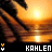 Sunset over water with palm trees, two yellow and white pixelated symbols on black background below text KAHLEN.