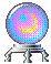 Nine pixelated crystal balls on metallic stands display shifting color patterns from purple to blue to red, arranged in a