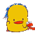 Yellow chick with red beak and blue polka-dot nightcap holding small red object, displayed in of poses showing head rotation from left to right