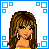 Pixel art of a female character with long brown hair, green eyes, and a yellow crop top, shown in various poses and text states.