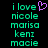 Two side-by-side pixelated text displays on black background, each listing names with a heart symbol in the top-right of the left display.