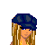 Pixel art contact sheet showing three frames of an animated icon with a blonde character wearing a dark cap and yellow top, alongside text reading "i love him" on a blue background.