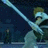 Pixelated static image shows a figure with light-colored hair holding a long, thin object against dark background.