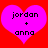 Two identical pink hearts on red background with black text 'jordan + anna' inside each heart.
