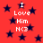 Red background with dark blue stars and repeated white text "I Love Him N<3" in pixelated font.
