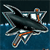 Pixelated static icon of a dark-colored hockey stick with orange accents on blue water background, likely representing the San Jose Sharks logo or mascot.