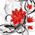 Red floral design with black and gray swirls on white background, animated flower petals shifting slightly.