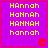 four identical purple squares with red borders, each containing yellow text variations of 'Hannah' and a red pixelated 'e' symbol at the bottom right