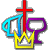 Static pixel art icon featuring a red cross, blue fish symbol, purple letter R, and yellow crown on gray background.