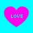 Four pink heart shapes with cyan text "LOVE" on a bright blue background, arranged in a